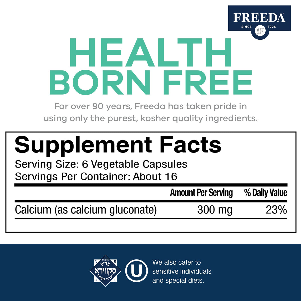 FREEDA Calcium Gluconate Supplement for Bone & Joint Support - 100 Capsules - Supports Teeth & Muscle Health - Pure Calcium w/o Vitamin D - Gentle on Stomach, Easy-to-Digest, Kosher, Vegan, Made in USA