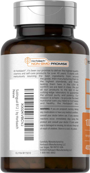 Horbaach Vitamin B12 1000 mcg Sublingual - 400 Fast Dissolve Tablets - Methylcobalamin Supplement for Women and Men