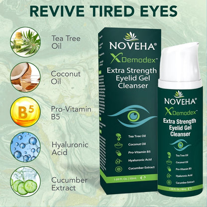 NOVEHA Demodex Extra Strength Eyelid Gel Cleanser – Tea Tree Oil Eyelid Cleanser for Dry Eye, MGD & Itchy Eyelids (3 Pack, 50ml)