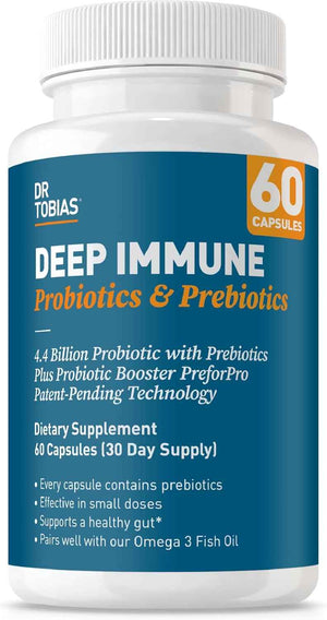 Dr. Tobias Deep Immune Probiotic + Prebiotic 60 Capsules - Gut Health - Dual Action Gut & Immune Support - DE111 Spore Forming Probiotics + PreforPro - Targeted Release - Shelf Stable - 30 Servings