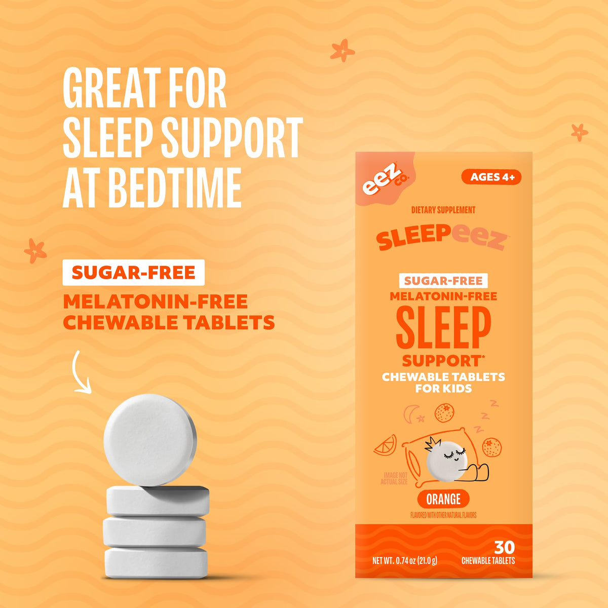 Sleepeez by EEZ Co. Sugar-Free Chewable Tablets for Kids, Orange, 30ct