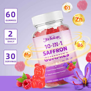 Saffron Supplement Gummies for Kids & Adults Supports Antioxidant Function with Ashwagandha, L-Theanine, Rhodiola Rosea, Lemon Balm, Vitamin D3, B6, Magnesium & Zinc - Raspberry Flavor, 60 Count