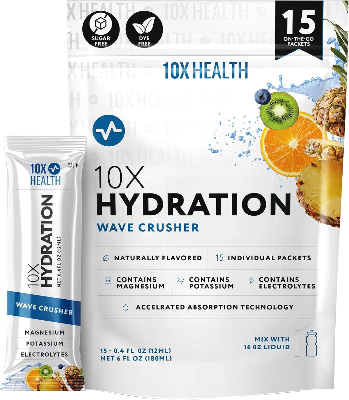 10X Health Electrolyte Drink Mix - Wave Crusher, 15 Sticks - Hydration Packets: Sodium, Magnesium & Potassium Citrate, Wave Crusher, 15 Sticks