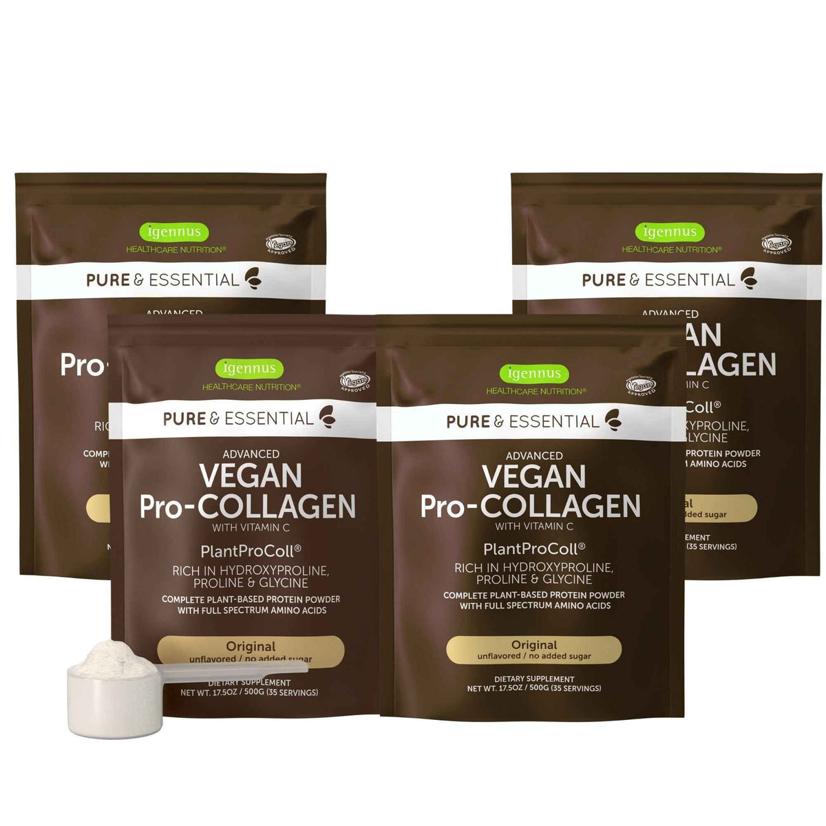 Igennus Vegan Collagen Peptide Powder, Enhanced with Glycine, Proline & Hydroxyproline & Cofactor Vitamin C, Non GMO, Complete Vegetarian Plant Based Collagen Powder Booster, 35 Servings