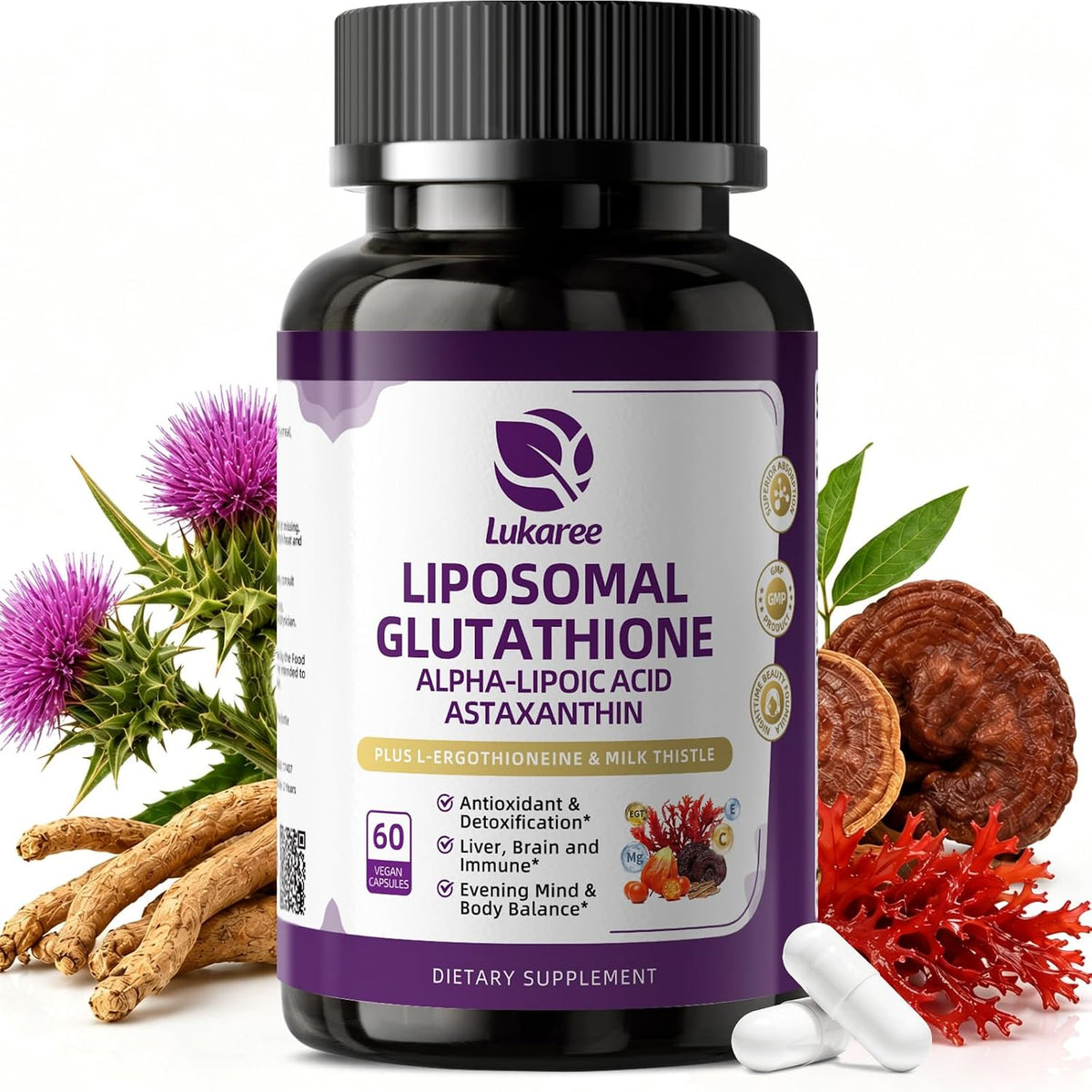 Liposomal Glutathione 1158mg with Astaxanthin for Skin Health 60 Vegan CT - 15-in-1 with Milk Thistle, Alpha Lipoic Acid, Antioxidant Complex for Nighttime Skin Radiance, Cellular Health & Liver Detox
