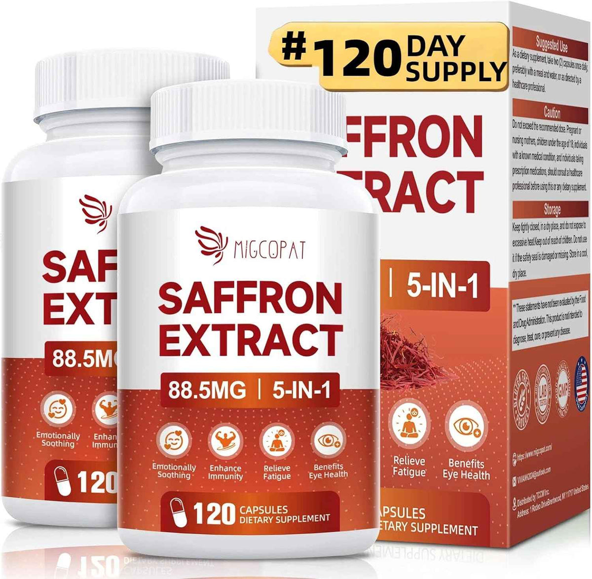 Migcopat Happy Saffron Supplement 2 Pack, 5 in 1 Saffron Capsules with Ginseng, Goji Berry & Chrysanthemum - Supports Memory, Focus, Mood, Energy, Emotional Balance & Eye Health