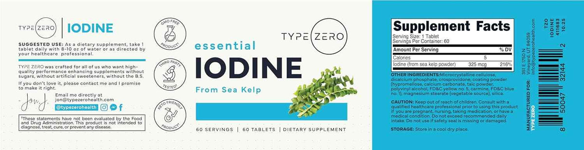 Type Zero Clean Iodine (325mcg) 60 Tablets, from Sea Kelp, Gluten-Free - GMO-Free