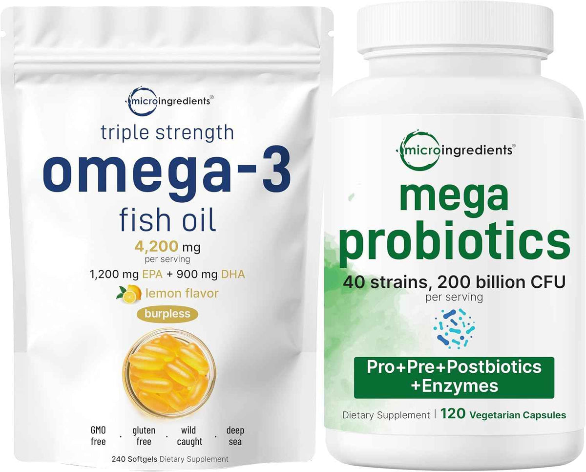 Micro Ingredients Omega-3 Fish Oil 4,200mg Softgels & Mega Probiotics 200 Billion CFU Veggie Capsules - 2 Pack Bundle - Wild-Caught, Burpless, Lemon Flavor - 40 Strains + Inulin, Acacia, & Bromelai