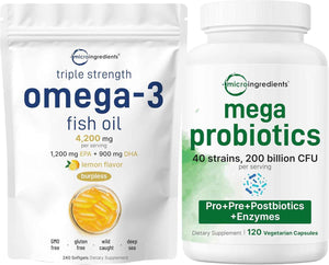 Micro Ingredients Omega-3 Fish Oil 4,200mg Softgels & Mega Probiotics 200 Billion CFU Veggie Capsules - 2 Pack Bundle - Wild-Caught, Burpless, Lemon Flavor - 40 Strains + Inulin, Acacia, & Bromelai