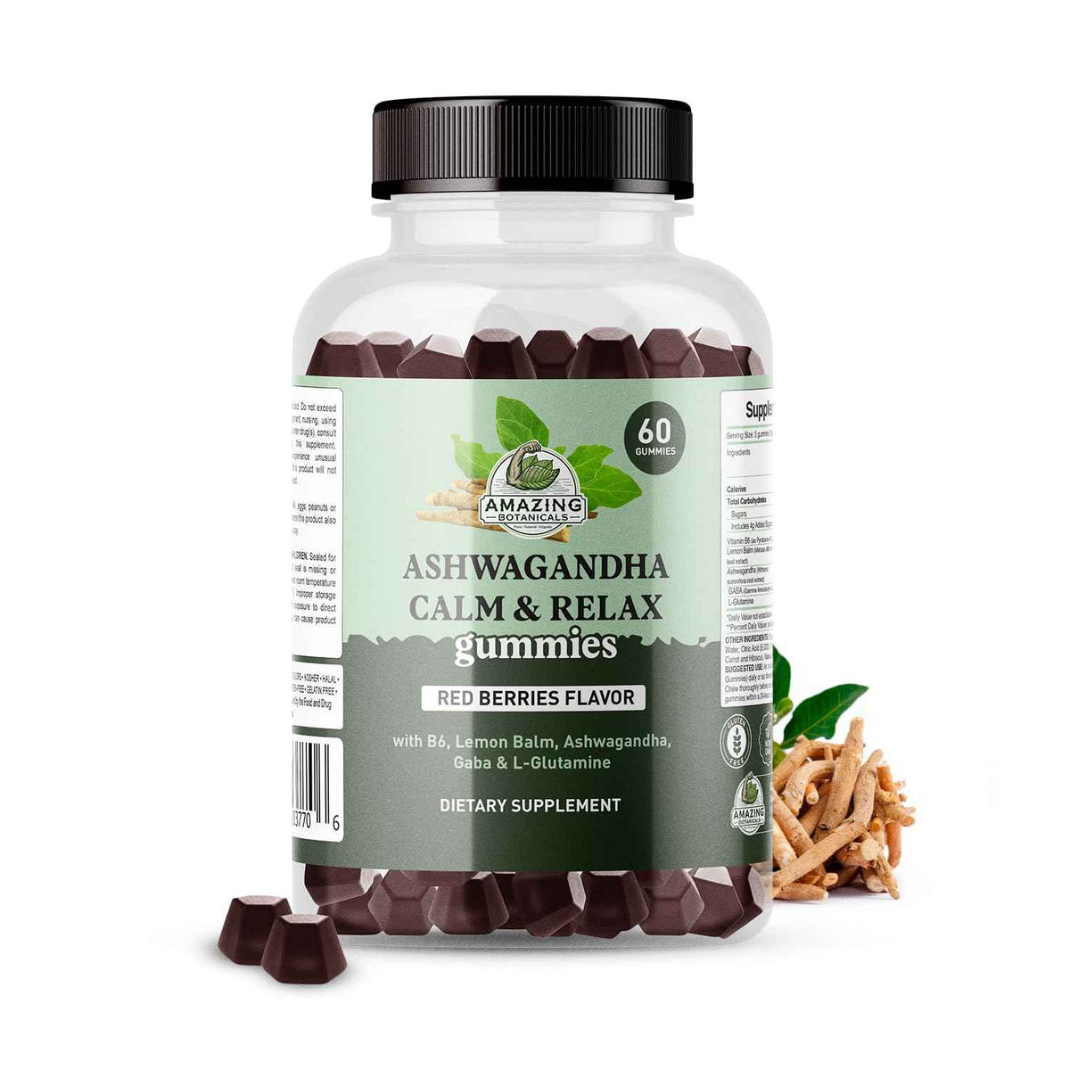 Ashwagandha Calm & Relax Gummies with Vitamin B6, Lemon Balm, GABA & L-Glutamine - 60 Gummies - Red Berries Flavor - Improve Sleep, Stress Relief & Mood - Vegan, Gluten-Free, Non-GMO