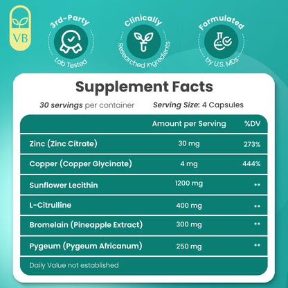 VB Health Load Boost® Semen Volume Booster for Men - Daily Men's Semen Health & Fertility Supplement - Lecithin, Pygeum, L-Citrulline, Zinc, Copper & Bromelain - 120 Capsules (1 Month Supply)