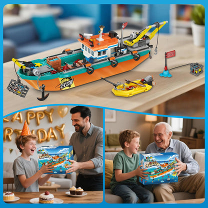 City Fishing Boat Wharf Building Set - Floatable Sea Fishing Ship Building Block Kit with Speedboat Crane Containers Exploration Boats Toy Birthday Gift for Kids Boys Girls 6 7 8 9 10+, 762PCS