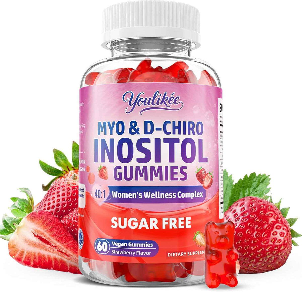 Myo-Inositol & D-Chiro Inositol Gummies for Women, Sugar-Free, 60 Count - Ideal 40:1 Ratio with Vitamin D3, Folate, Magnesium and Zinc - Support Female Health & Wellness, Strawberry Flavor