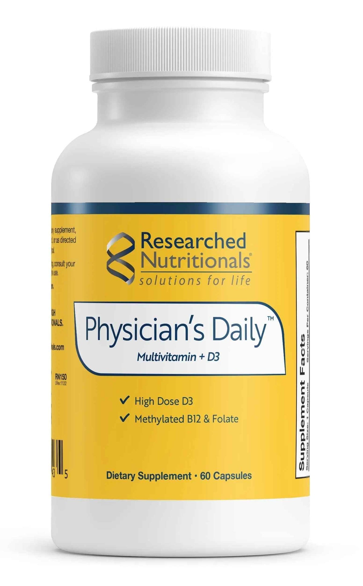 Researched Nutritionals Physician's Daily + D3 Supplement - Daily Multivitamin for Men and Women with Vitamin D3 2000iu