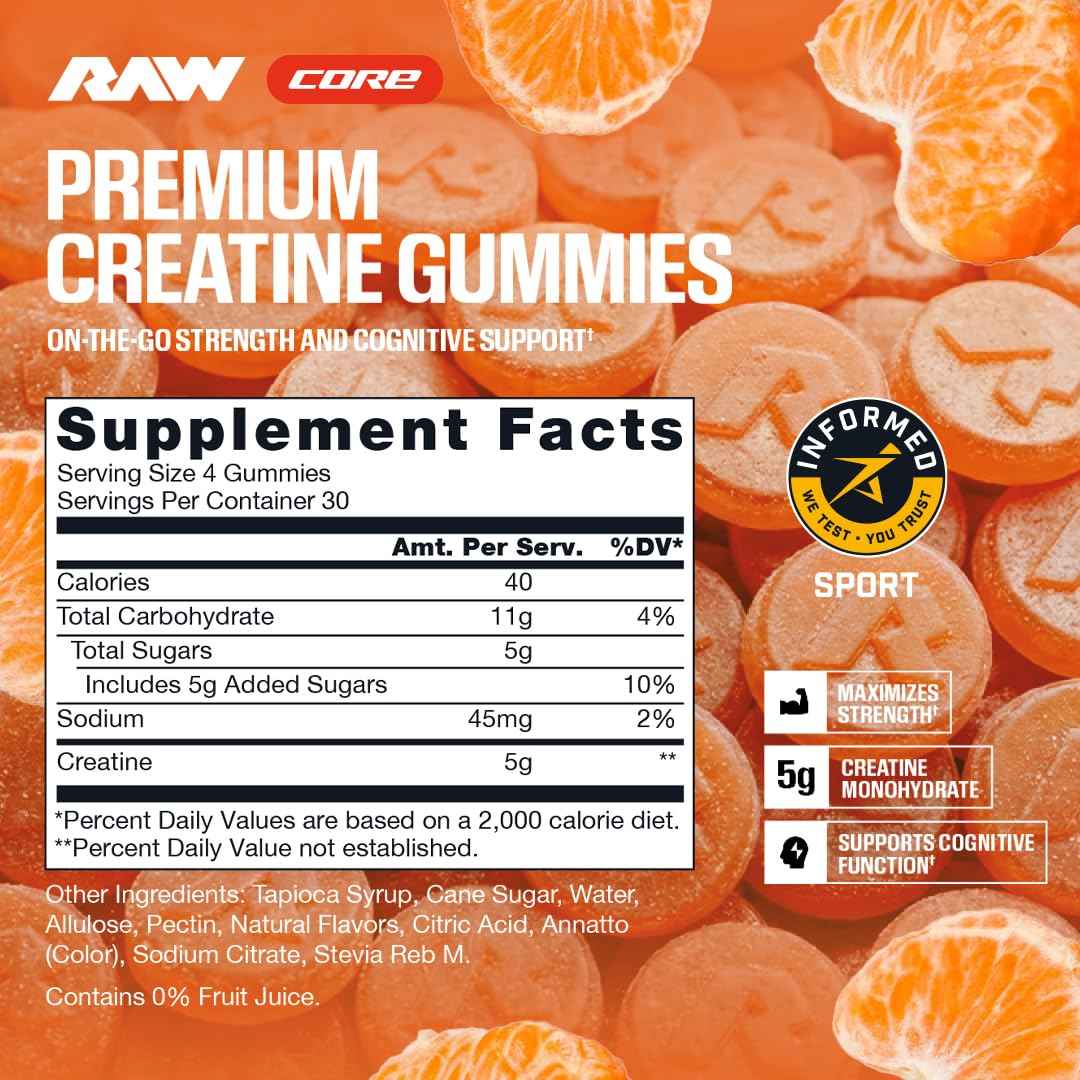 RAW Nutrition Creatine Gummies, Blue Raspberry, 5g Creatine Monohydrate, Supports Strength & High-Intensity Performance, No Mixing Chewable Pre/Post Workout Supplement, 120 Gummies (30 Servings)