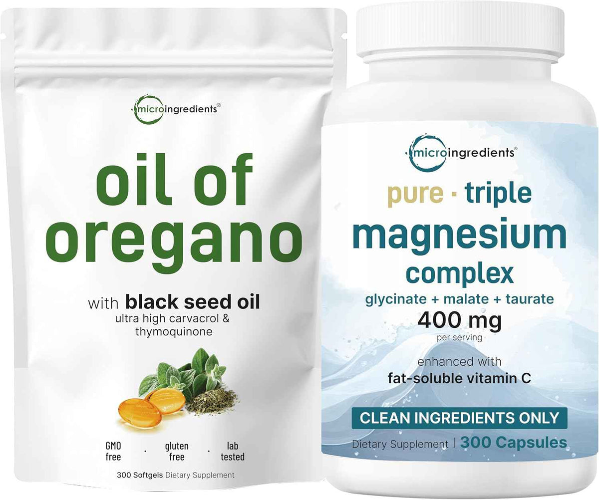 Micro Ingredients Oil of Oregano Softgels & Pure Triple Magnesium Complex 400mg Capsules - 2 Pack Bundle - 4X Strength Thymoquinone with Black Seed - Glycinate, Malate, & Taurate Forms