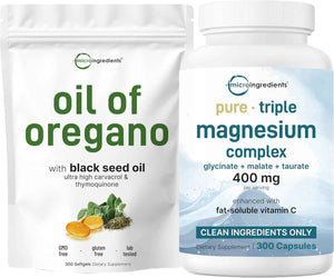 Micro Ingredients Oil of Oregano Softgels & Pure Triple Magnesium Complex 400mg Capsules - 2 Pack Bundle - 4X Strength Thymoquinone with Black Seed - Glycinate, Malate, & Taurate Forms