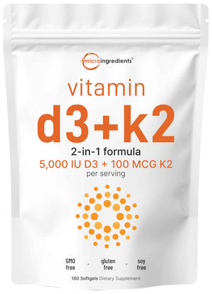 Micro Ingredients Vitamin D3 + K2 MK-7 5,000 IU Per Serving, 300 Softgels - K2 100 mcg Per Serving, D3 & K2 Vitamin Supplement for Women & Men. Easy-to-Swallow, Non-GMO, Gluten Free.