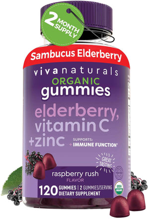 Viva Naturals Sambucus Elderberry Gummies for Adults - 150mg Black Elderberry Vitamin C and Zinc, 3-in-1 Daily Immune Support Gummies, Raspberry Rush Flavor