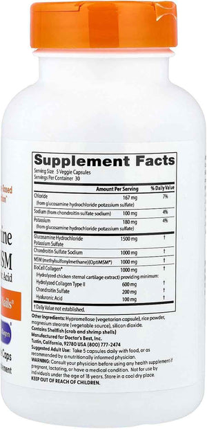 Doctor's Best Glucosamine Chondroitin MSM + Hyaluronic Acid with OptiMSM Featuring Biocell Collagen, Joint Support, Non-GMO, Gluten & Soy Free, 150 Caps