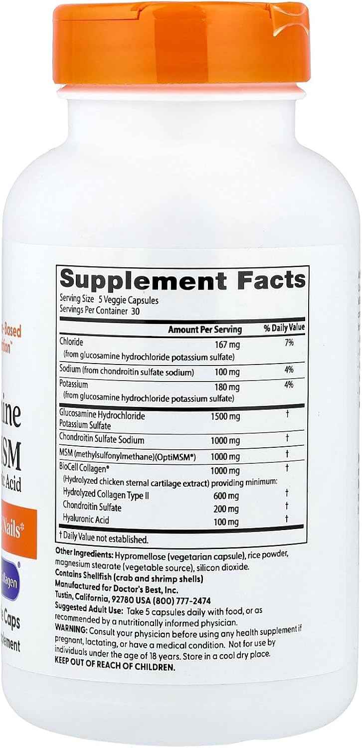 Doctor's Best Glucosamine Chondroitin MSM + Hyaluronic Acid with OptiMSM Featuring Biocell Collagen, Joint Support, Non-GMO, Gluten & Soy Free, 150 Caps