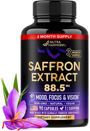 Natural Saffron Supplements - Pure Saffron Extract 88.5 mg - Mood - Focus - Vision - Energy Support - Eye Health for Women & Men - Lab Tested - NonGMO Vegan Pills - 90 Powder Capsules, 3 Month Supply