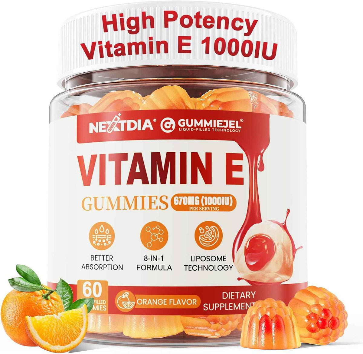 Liposomal Vitamin E Gummies 1000IU - Natural Forms of Vitamin E, with Mixed Tocopherols - 8-in-1 Antioxidant Formula with CoQ10, Omega-3, Vitamin C & Turmeric - for Skin, Eye, Immune & Brain, 1 PACK