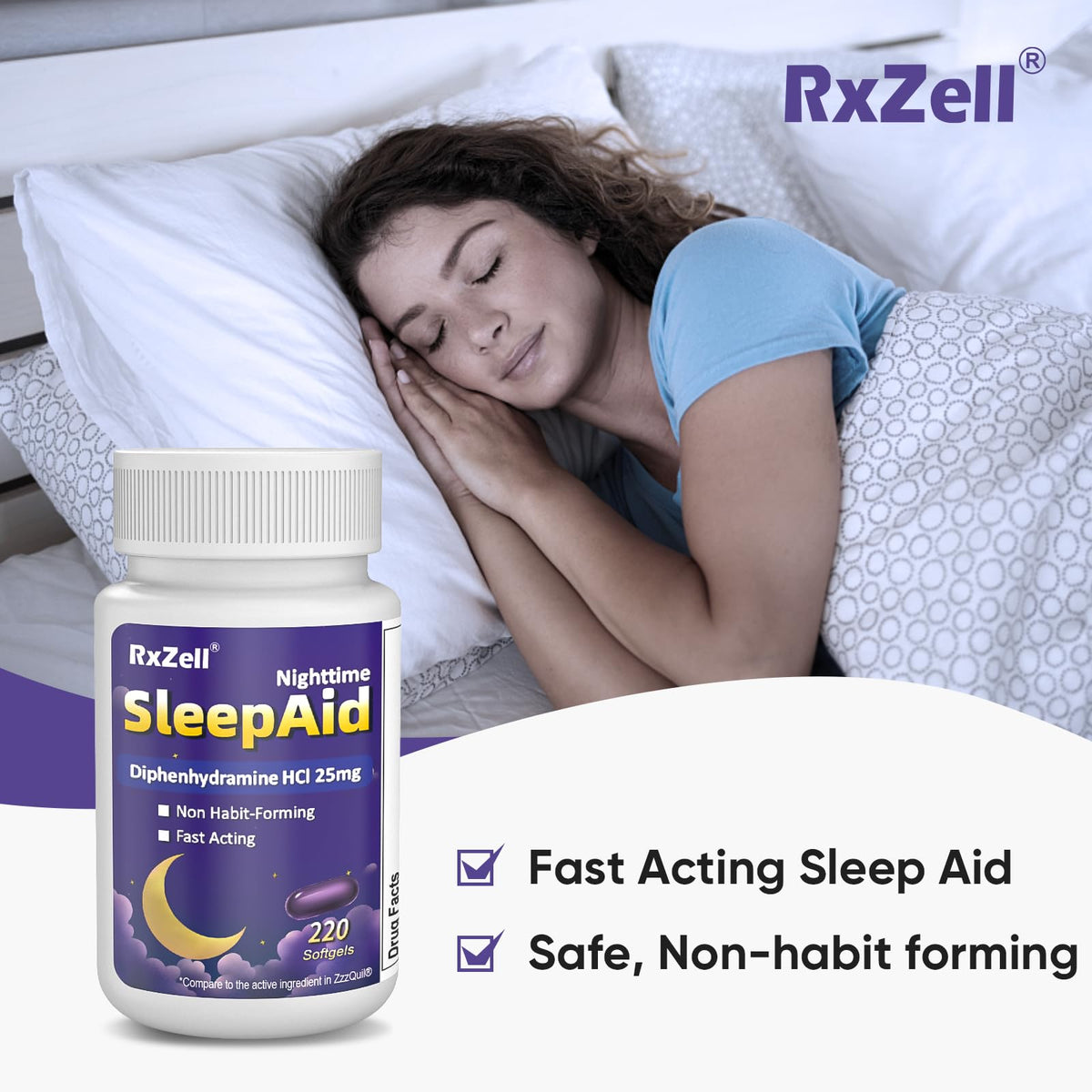 RXZELL Sleep Aid, Diphenhydramine HCl 25mg, 220 Softgels - Fall Asleep Faster, Deeper Restful Sleeping, Non Habit-Forming