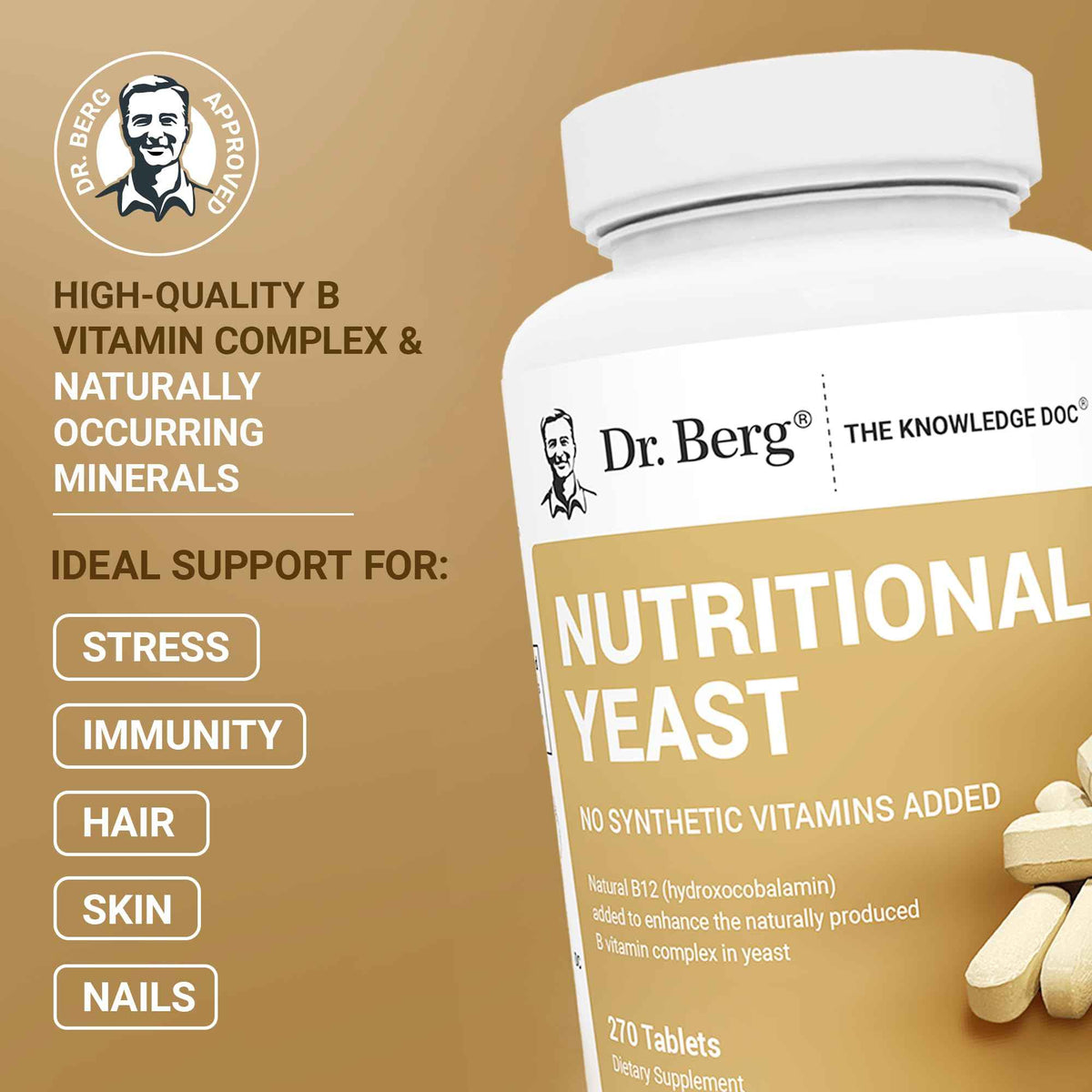 Dr. Berg Nutritionals Yeast Tablets - Natural B12 Added - All 8 B Vitamin Complex - Organic Vanilla Flavor - 270 Vegan Tablets Dietary Supplements