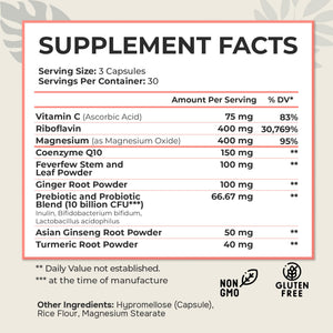 Dr. Munnerlyn MigraPro with Probiotics, Brain and Gut Health Support Supplement with Magnesium, Riboflavin, CoQ10, Ginger Root, Asian Ginseng, Vitamin C, Feverfew & Turmeric, Gluten Free, 90 Capsules Dr. Munnerlyn buy supplements Au