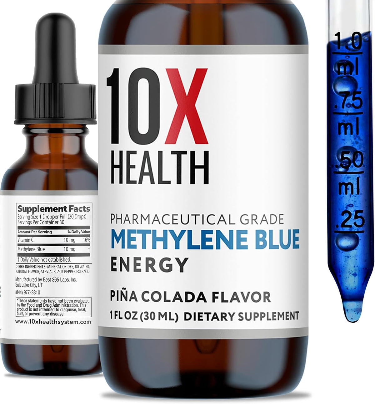 10X Health Methylene Blue Drops - 30ml Drops - Focus Support Supplement: With Black Pepper Extract, Energy Support, Vegan, Non-GMO, 30ml