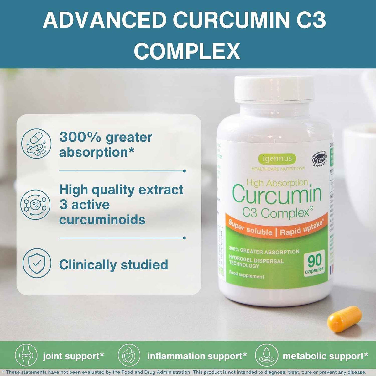 Igennus Advanced Curcumin C3 Complex, 300% Greater Absorption & Rapid Uptake, 95% Standardised Extract, 90 Servings, Clean Label, Vegan Supplement, 1-a-Day, 90 Capsules