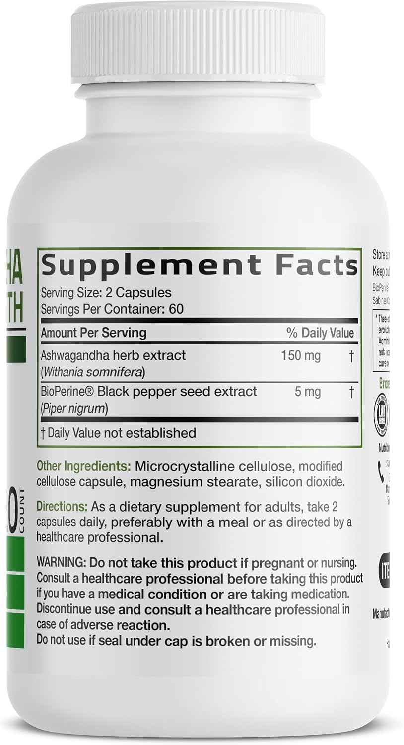 Bronson Ashwagandha Extra Strength Stress & Mood Support 120 Capsules - Vegetarian, Non-GMO, Gluten-Free, Soy-Free, BioPerine for High Absorption