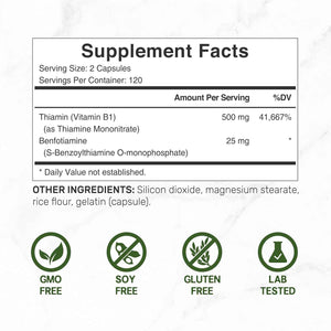 DEAL SUPPLEMENT Vitamin B1 500mg with Benfotiamine, 240 Capsules - 2 in 1 Enhanced Formula - Fat & Water Soluble Thiamine B1 Supplement - Third Party Tested, Non-GMO, No Gluten