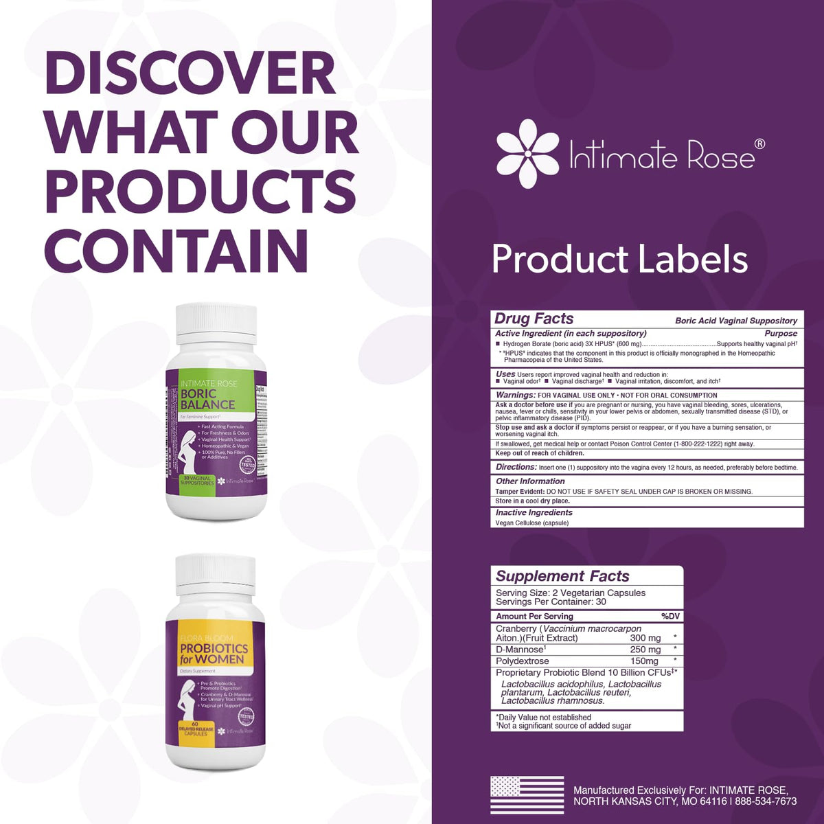 Intimate Rose Combo Pack! Flora Bloom Probiotics for Women (One Bottle) and Boric Balance Boric Acid