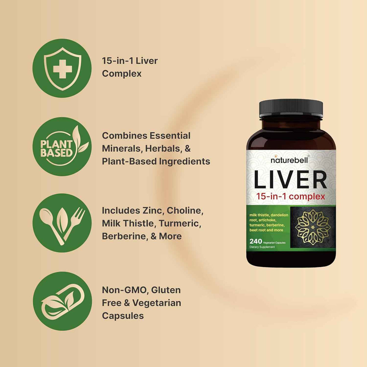 Liver 15-in-1 Complex, 240 Veggie Capsules - Herbal & Mineral Blend - Milk Thistle, Dandelion Root, Artichoke, Black Currant Oil, Turmeric, Chicory, Zinc, Choline, & More - Non-GMO