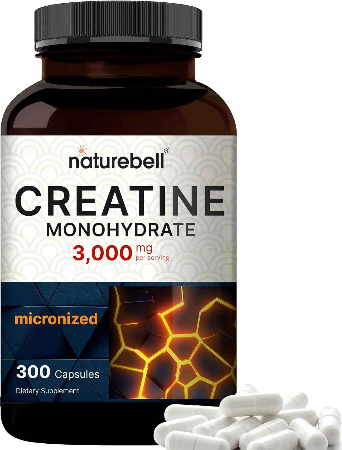 NatureBell Creatine Monohydrate Capsules 3,000mg Per Serving, 300 Count - Micronized, Unflavored Creatine Pills - Pre-Workout & Muscle Strength Support - Easy to Swallow, Filler-Free - 50 Servings
