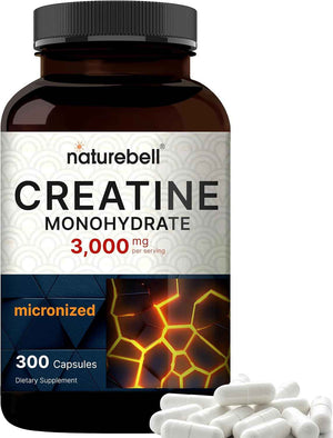 NatureBell Creatine Monohydrate Capsules 3,000mg Per Serving, 300 Count - Micronized, Unflavored Creatine Pills - Pre-Workout & Muscle Strength Support - Easy to Swallow, Filler-Free - 50 Servings