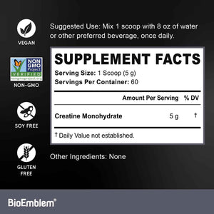 BioEmblem Creatine Monohydrate Powder - Unflavored Micronized Creatine Easily Mixes - Muscle Strength, Workout Recovery, Exercise Performance -