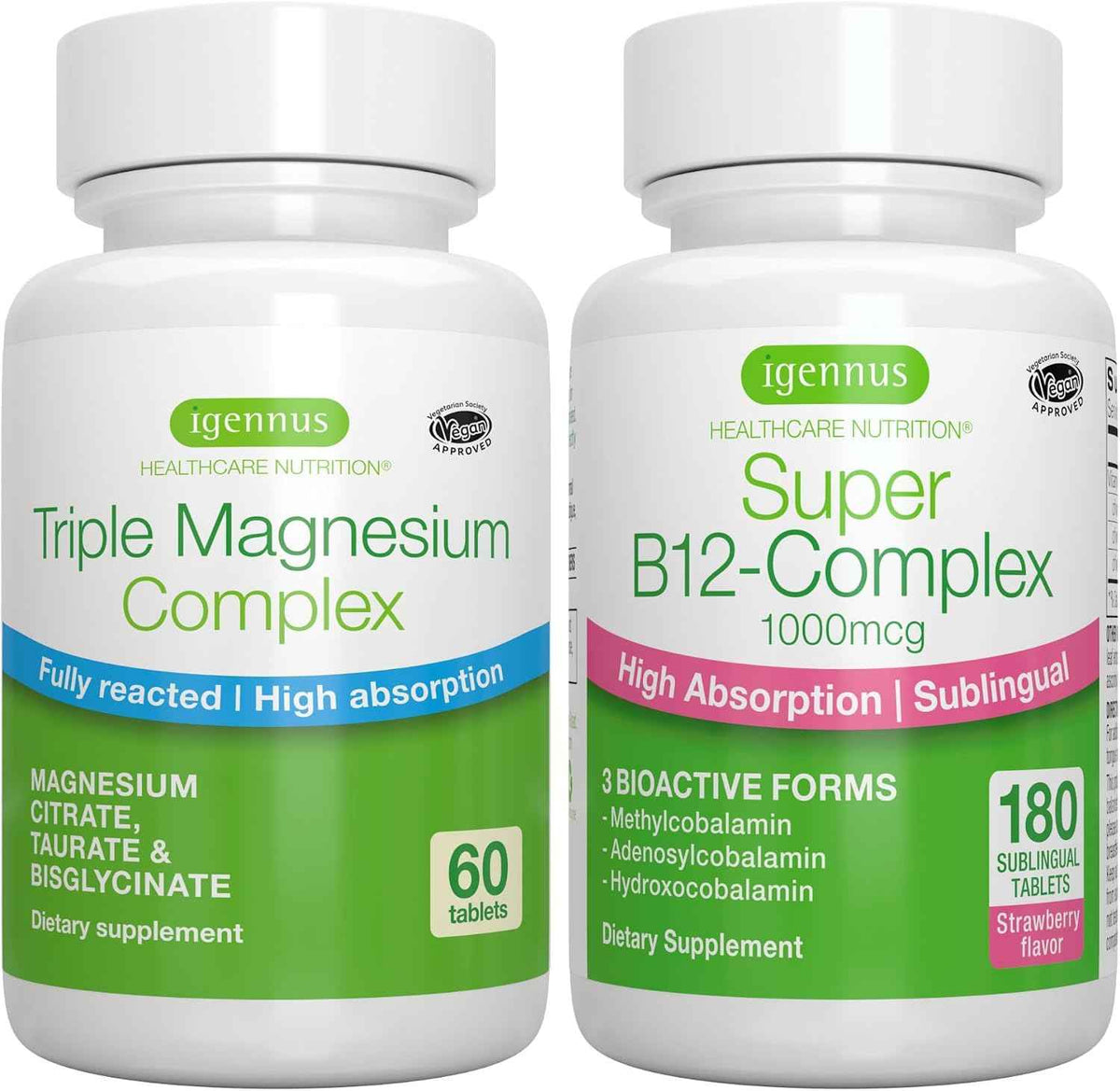 Triple Magnesium Complex + Super B12-Complex Energy Bundle, High Absorption Chelated Glycinate, Taurate & Citrate Magnesium + High Absorption Sublingual B12, Vegan, by Igennus