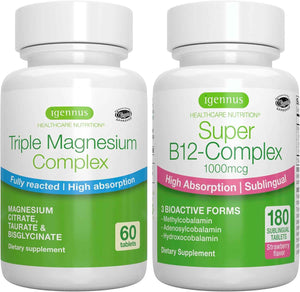 Triple Magnesium Complex + Super B12-Complex Energy Bundle, High Absorption Chelated Glycinate, Taurate & Citrate Magnesium + High Absorption Sublingual B12, Vegan, by Igennus