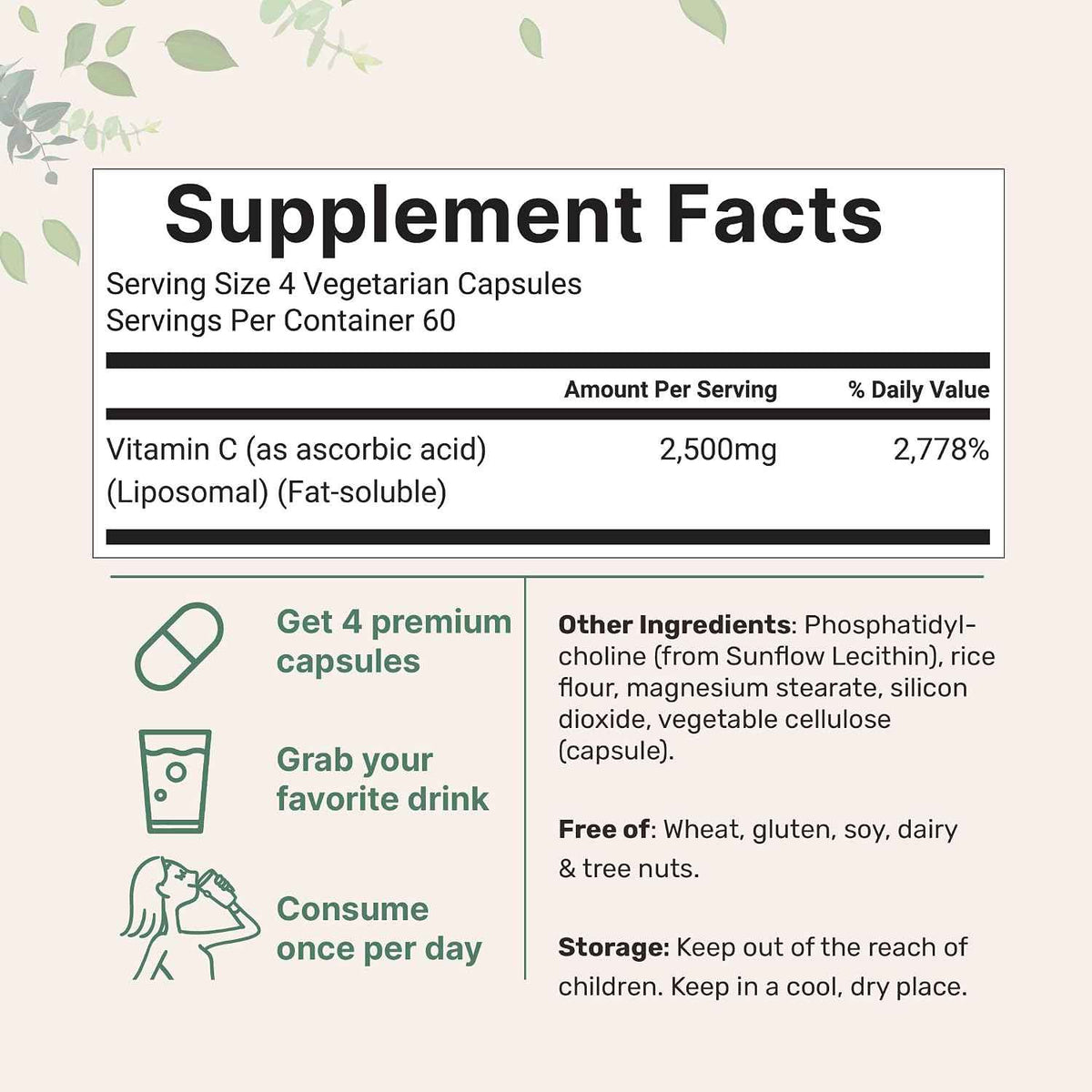 Liposomal Vitamin C 2,500mg, 240 Veggie Capsules - Highly Bioavailable Fat Soluble Form - Immune Support & Antioxidant Supplement - Liposomal Delivery for Superior Absorption - Non-GMO, Gluten Free