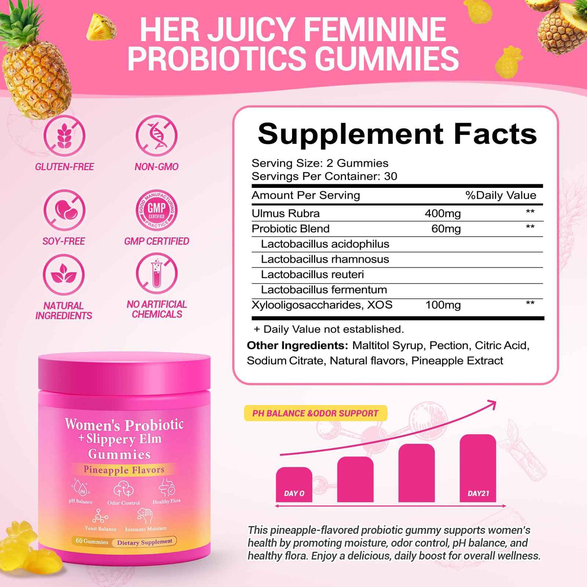 BURMINY Her Juicy Feminine Probiotics Gummies, Premium Feminine Balance Probiotics with Slippery Elm for Women's pH Balance and Freshness - Support Daily Wellness & Comfort 60 Pineapple Gummies
