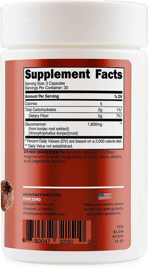 Type Zero Clean Glucomannan Konjac Root Extract (1,800mg) 90 Capsules - Gluten-Free, GMO-Free, 30 Servings