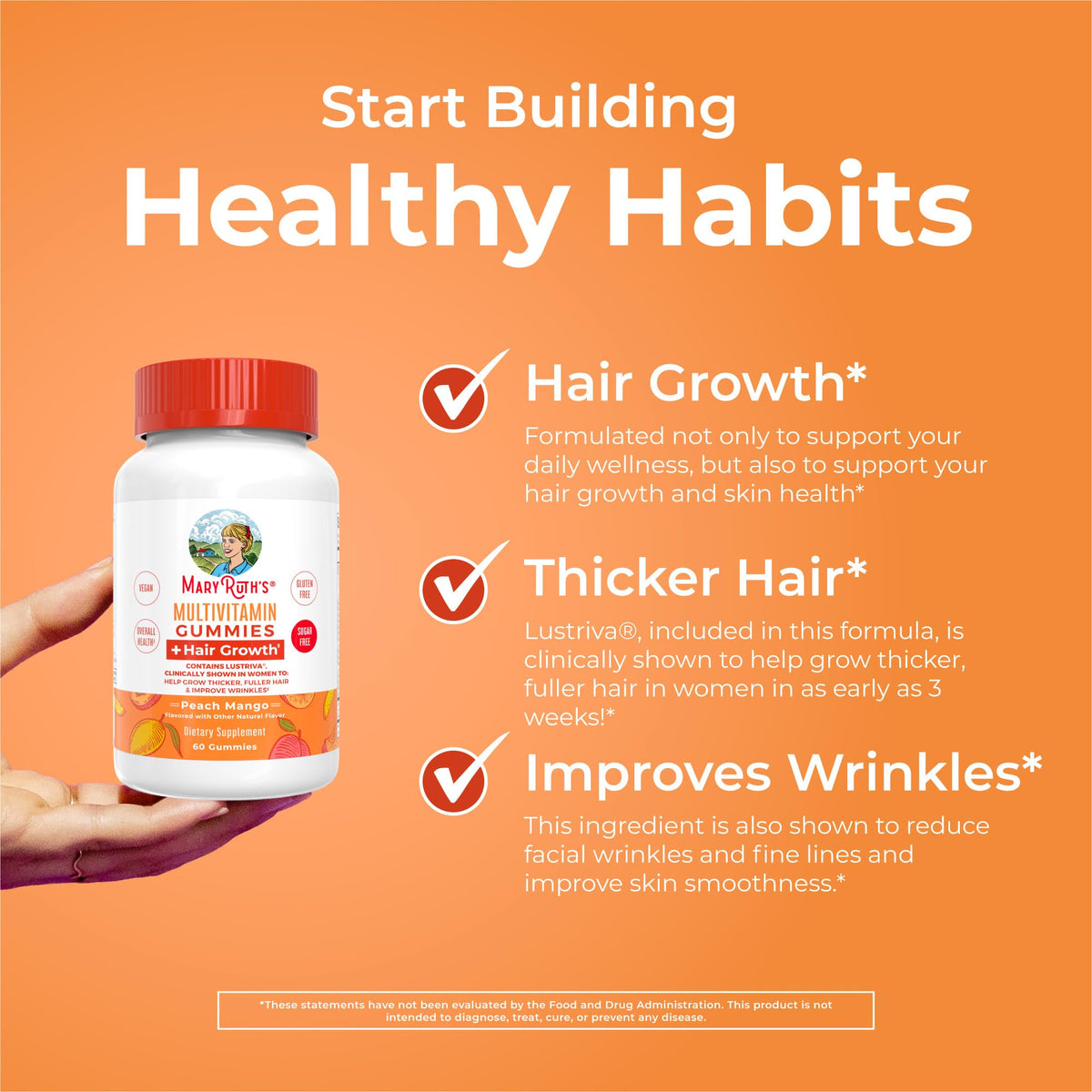 MaryRuth's Multivitamin + Hair Growth Gummies - with Lustriva - Biotin 10000mcg - B Vitamins - Formulated for Thicker Hair, Wrinkles, Fine Lines, Skin Care - Ages 18+ - 30 Servings