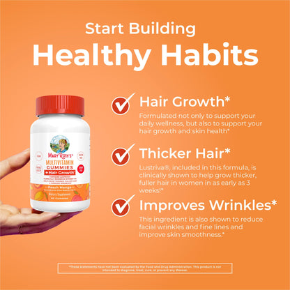MaryRuth's Multivitamin + Hair Growth Gummies - with Lustriva - Biotin 10000mcg - B Vitamins - Formulated for Thicker Hair, Wrinkles, Fine Lines, Skin Care - Ages 18+ - 30 Servings