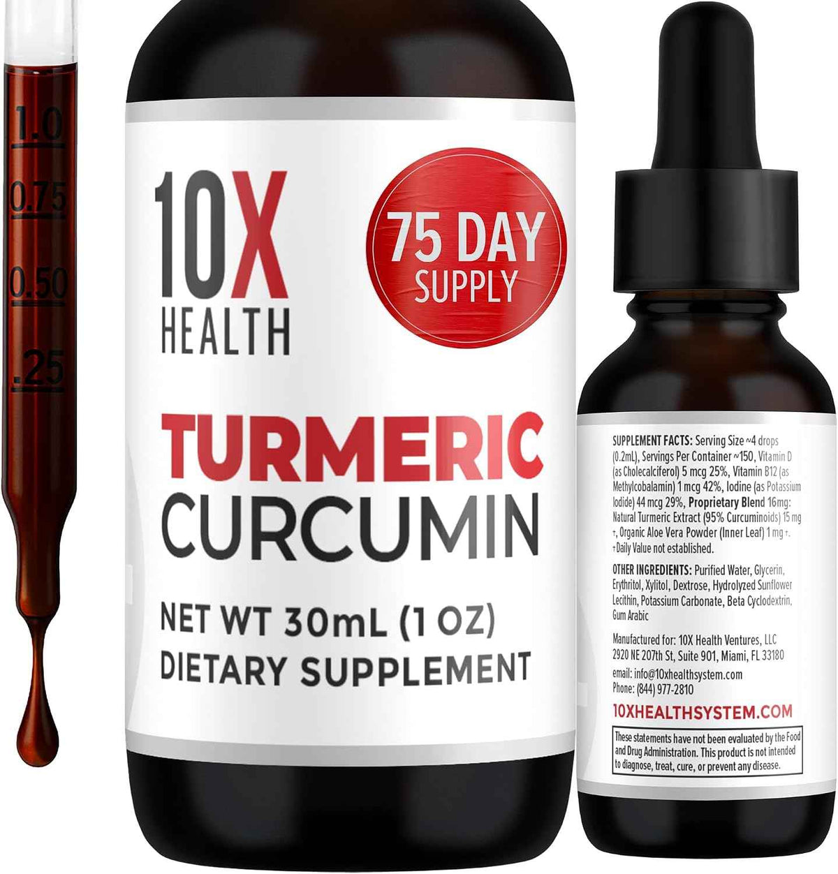 10X Health Turmeric Curcumin Supplement - with D3 & B12 - Curcumin: with Vitamin D3 & B12, Joint, Immunity & Heart Support, 30mL