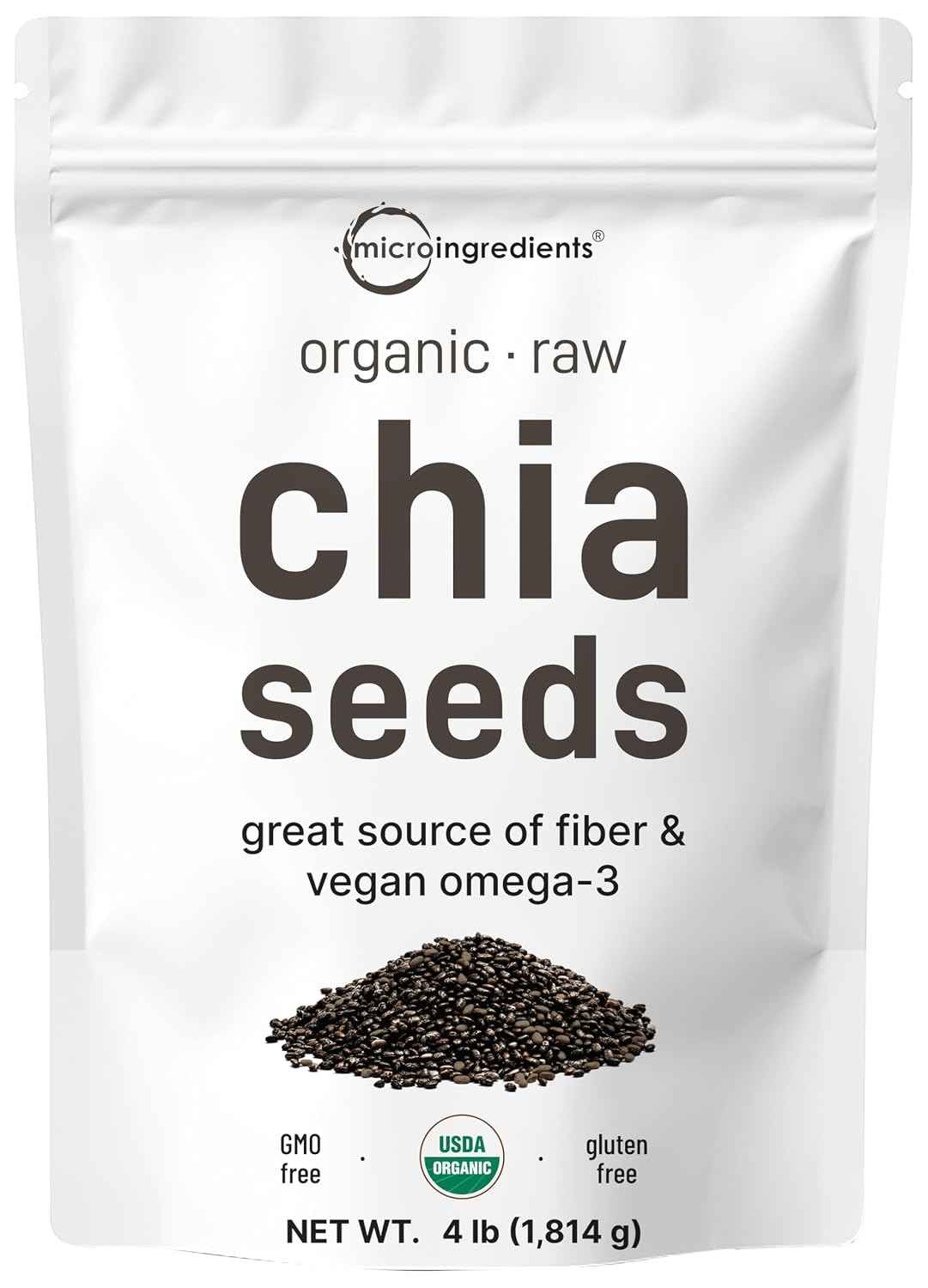 Micro Ingredients Organic Chia Seeds, 4lbs - Contains Omega-3s - Non-GMO - Excellent Source of Fiber - Plant Based Protein - Raw Chia Seed Source - Great for Baking, Smoothies & Pudding - Gluten Free