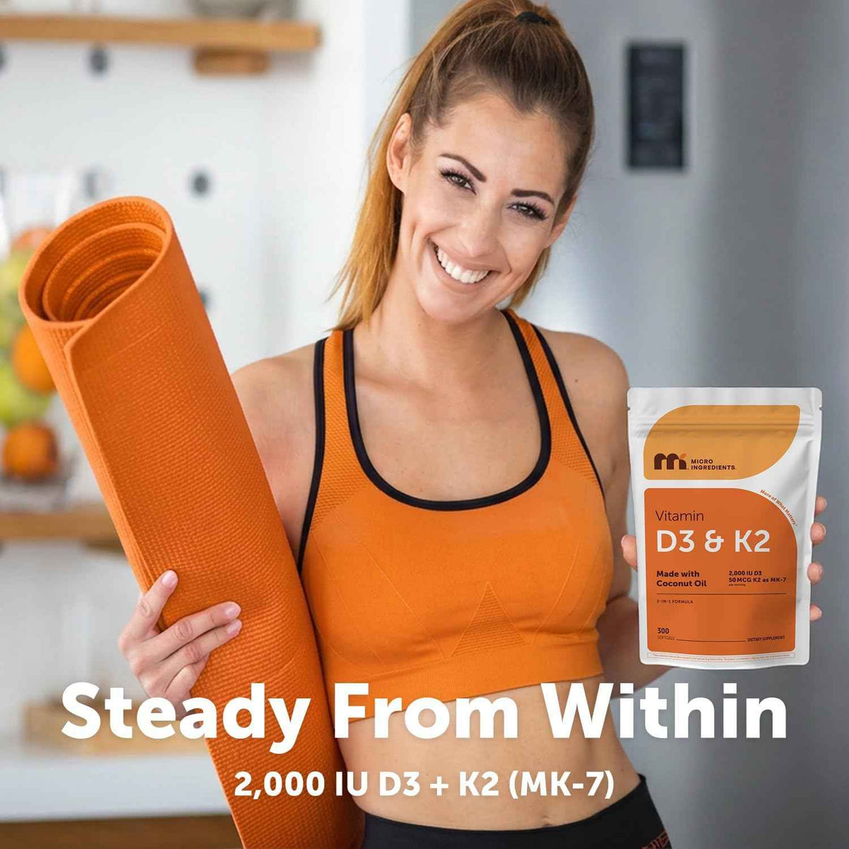 Micro Ingredients Vitamin D3 2,000 IU + K2 MK-7 50 mcg, 300 Softgels - Made with Coconut Oil - 2-in-1 Formula - Easy to Swallow, Non-GMO