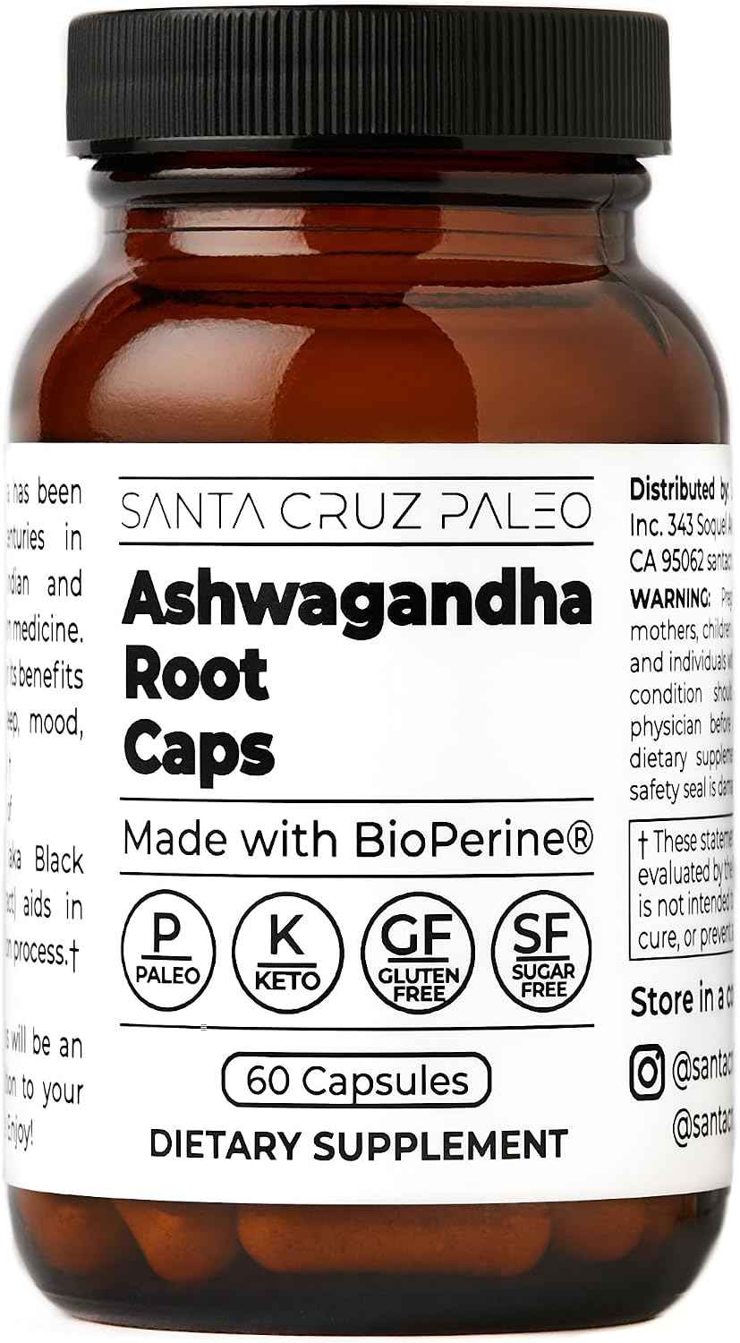 Santa Cruz Paleo Ashwagandha Capsules, 600mg Ashwagandha Root per Capsule, Gluten Free, Keto, Sugar Free, Paleo, Supports Energy, Focus, and Relaxation, BioPerine for Fast Absorption, 60 Capsules